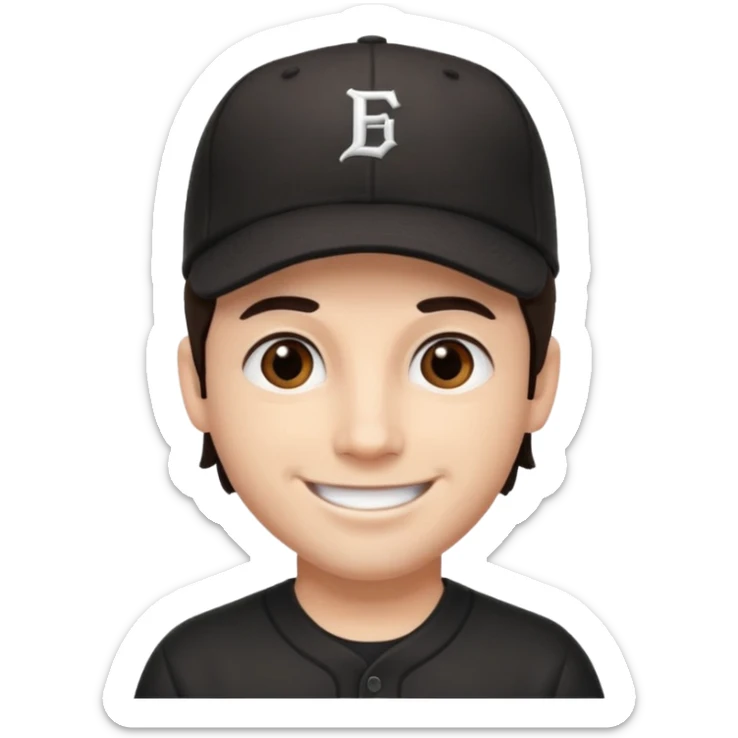 male, dark brown hair, dark brown eyes, fair skin, black baseball hat sticker