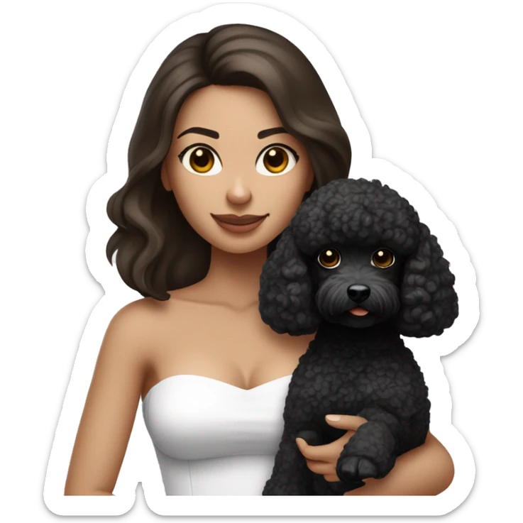 Brunette straight hair girl , in white strapless top holding a black toy poodle sticker
