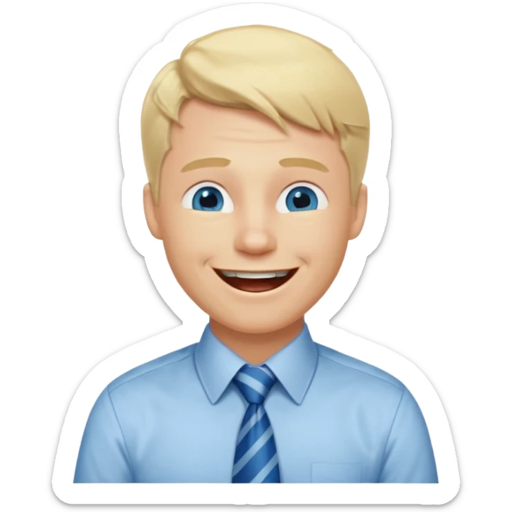 A guy with blonde hair and blue eyes that looks masculine. make him wear a shirt with a tie. he is danish. He is laughing extremely hard sticker