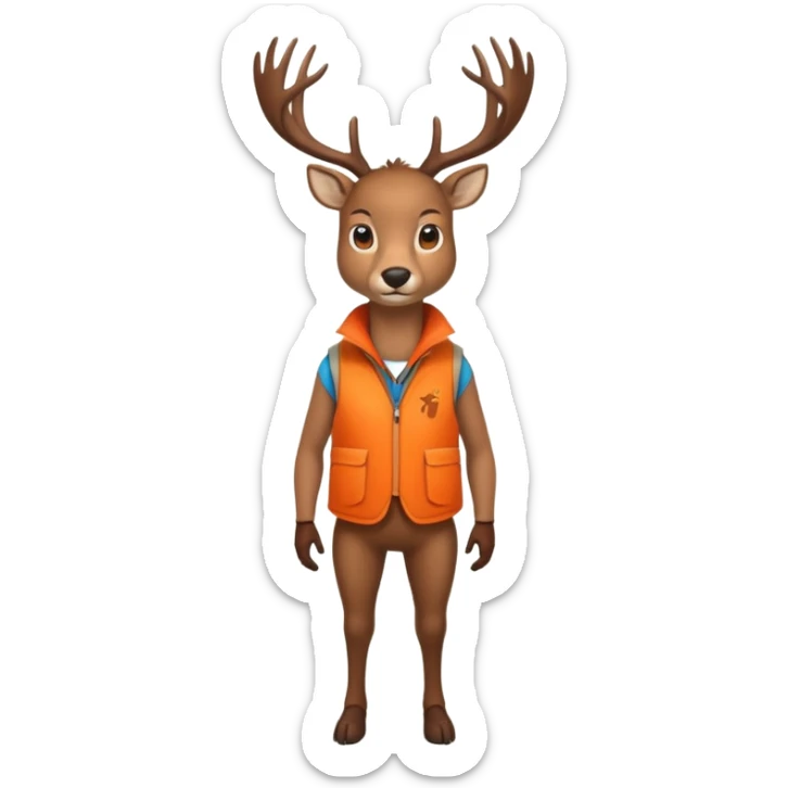crea un venado de cuerpo completo que lleve un chaleco color naranja y que el chaleco lleve en el lado izquierdo el nombre de (telamon) sticker