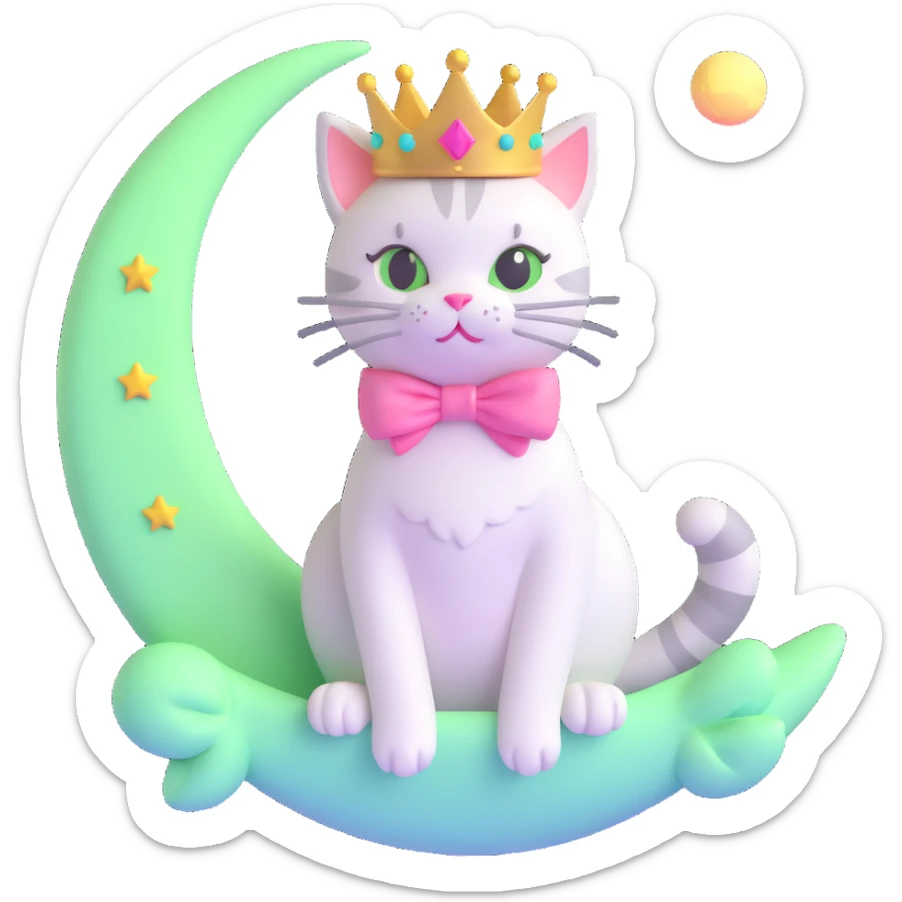Enhance the moon to be more pastel with brighter, light green colors in a 3D style. The cat with a pink bow and crown is sitting on the moon. Keep the background transparent as requested. sticker