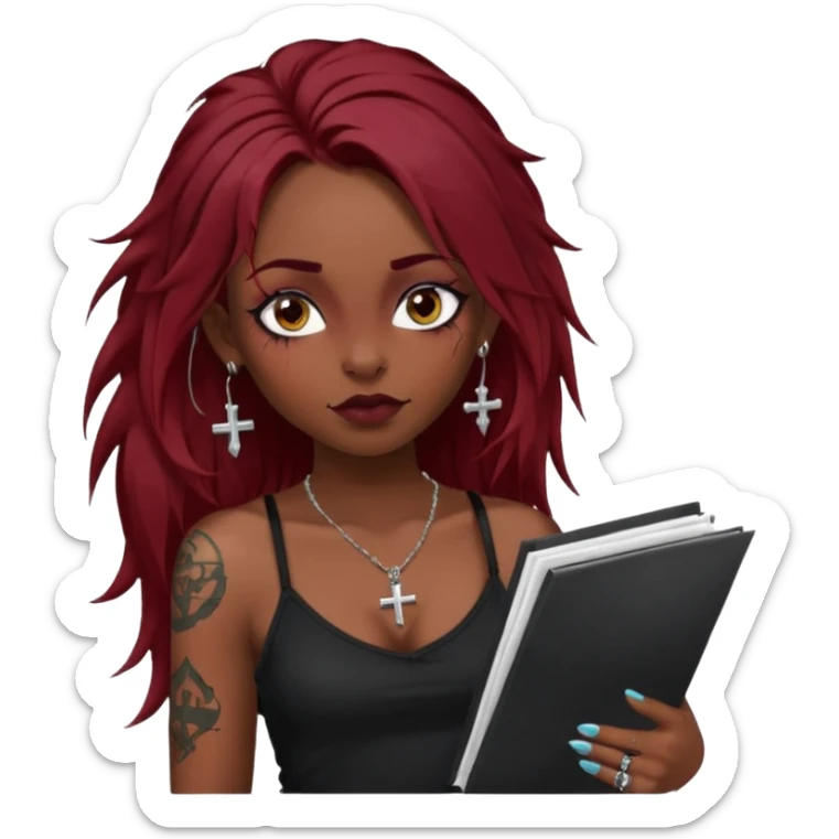 generate an ios genmoji of a girl with long dark red messy hair with eyeliner on her eyes.  septum piercing, wearing a cami black top, has tattoos, on shoulders. ear piercings. wearing a cross silver necklace. carrying a tote bag on her shoulders with chart paper peeking out. sticker