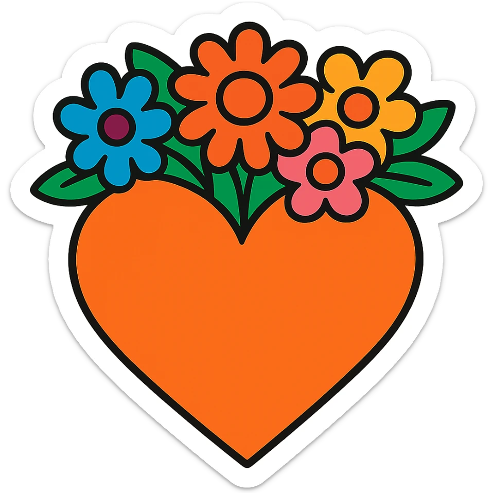 an orange heart with a crown of colorful flowers, vibrant toon style, bold and colorful sticker