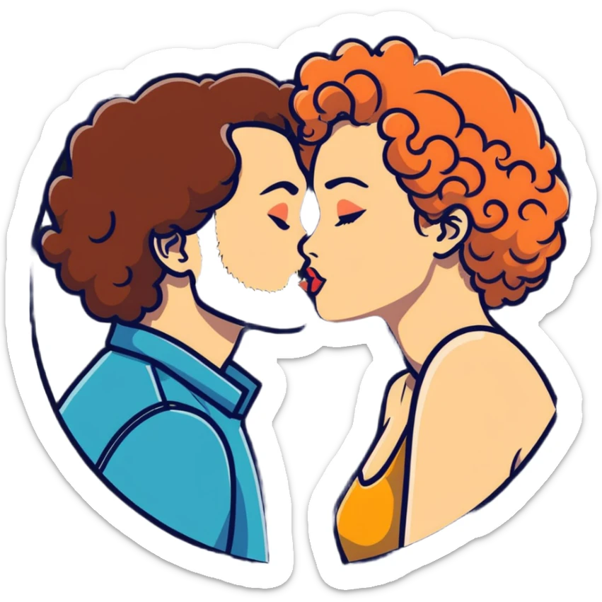curly haired girl kissing a man with a beard, romantic couple kiss sticker