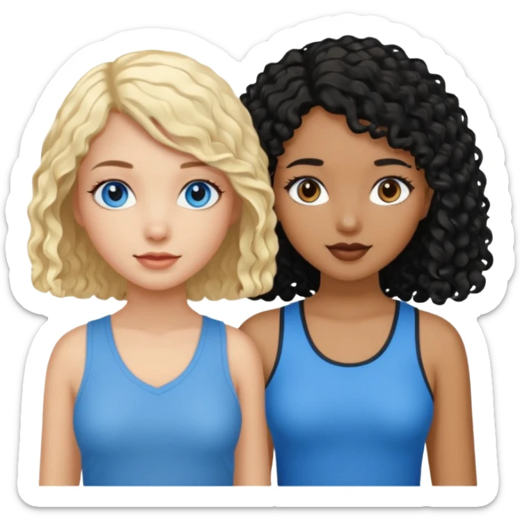 Girl best friends, one white with blond bob and blue eyes, one black with long black curly hair sticker