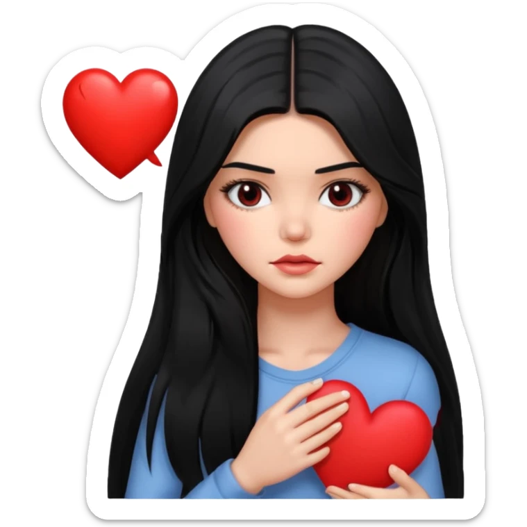 A Kendall Jenner with long black hair is sad and holds a red heart in her hands sticker