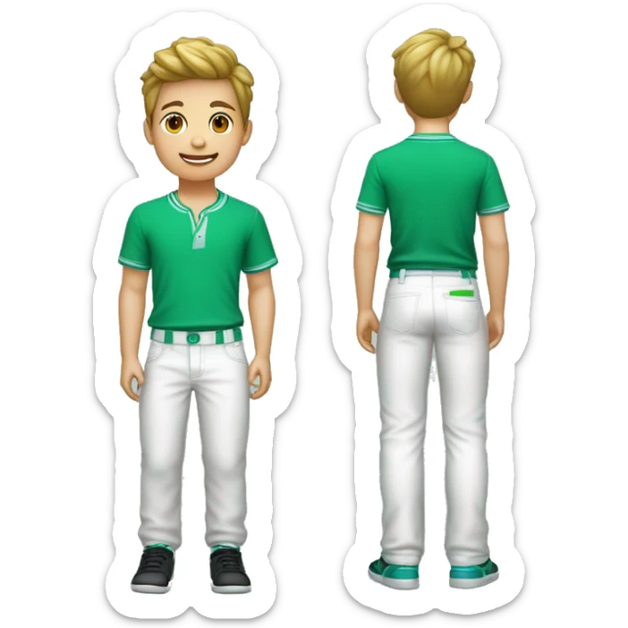Niño caritaturesco de piel Blanca con camisa verde,pantalones negros y tenis azules diciendo hola sticker