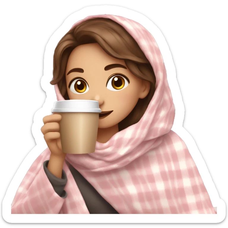 cute  brown hair girl wrapped in pastel pink plaid blanket drinking coffee sticker