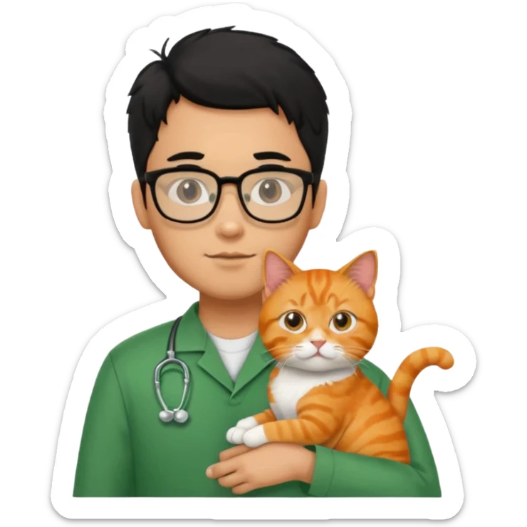 Veterinario hombre trigueño con lentes, con cabello negro, y con uniforme veterinario color verde cargando un gato naranja sticker
