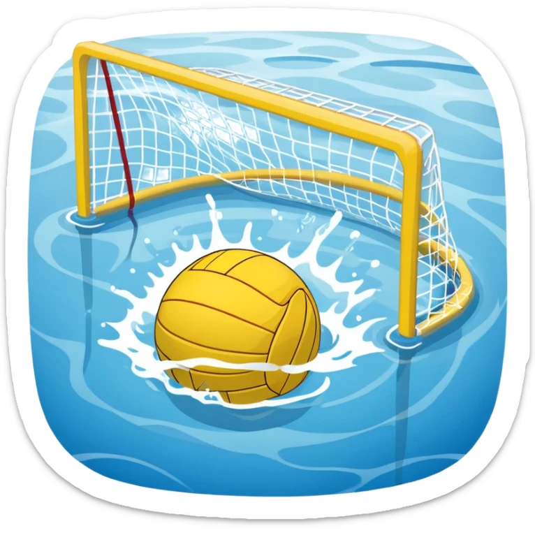 An icon featuring a yellow water polo ball floating on the water with goals in the background, inside a swimming pool. The design includes splashes and ripples, symbolizing the fast-paced action and strategy of water polo. Transparent background highlights. sticker