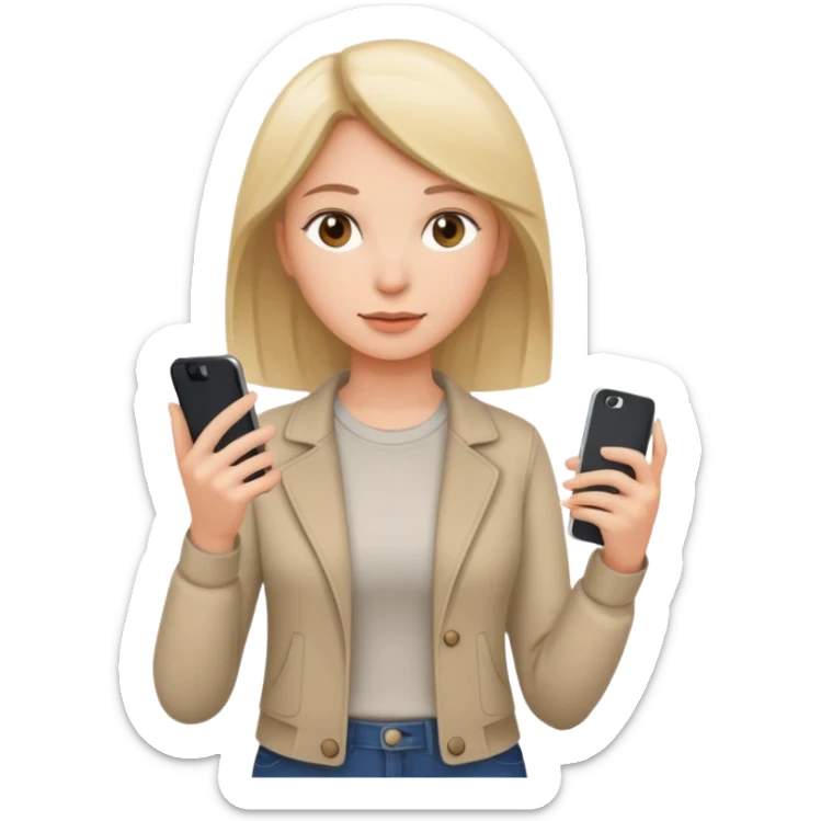 woman casual clothes holding just one phone in one hand and the other hand empty sticker