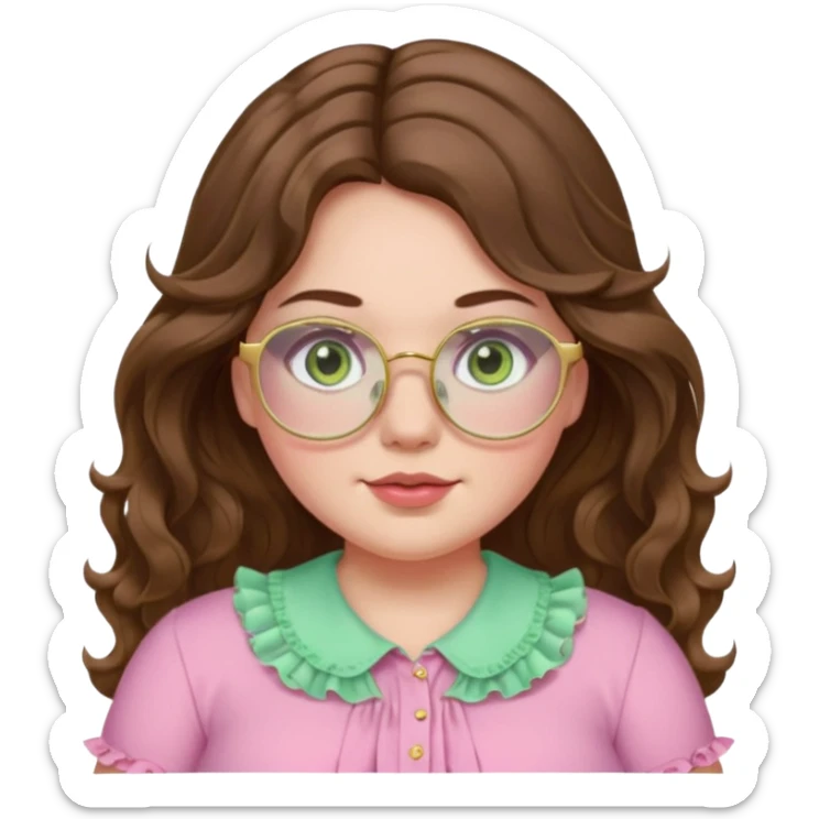 Girl girl long wavy brown hair with middle part, pale green eyes, plus size, pink frilly shirt, gold rimmed glasses sticker