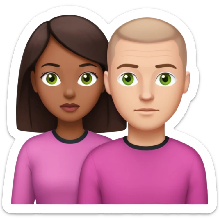 a couple. black woman with long brown hair and a white man with a buzz cut and green eyes. she’s wearing pink  sticker
