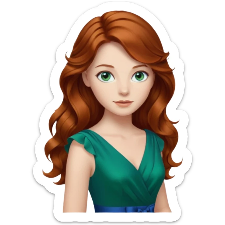 Long wavy Auburn hair woman BLUE eyes wearing green dress sticker