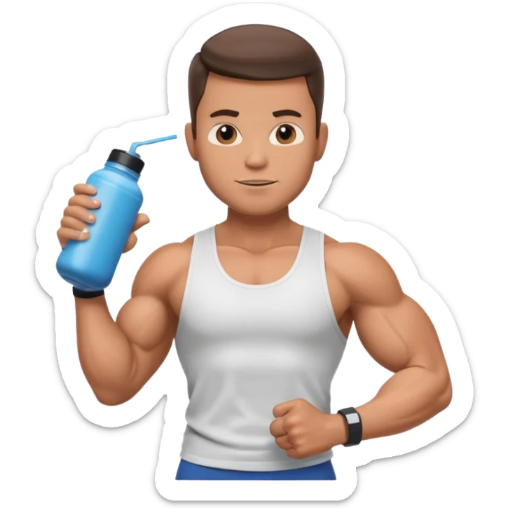 male memoji, muscular man in tank top, holding protein shaker, flexing arm, gym obsessed, casual vibe sticker