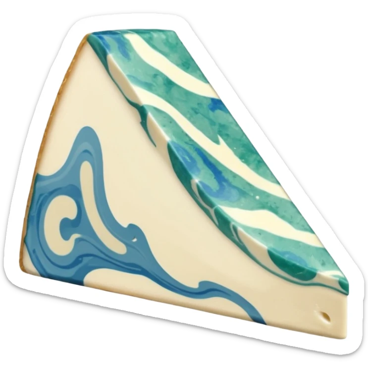 creamy wedge of gorgonzola cheese with soft pale ivory interior and bold blue-green marbling, natural beige rind, smooth cut, moist rich surface, no plate or extras, soft lighting, subtle shadows, emoji scale sticker