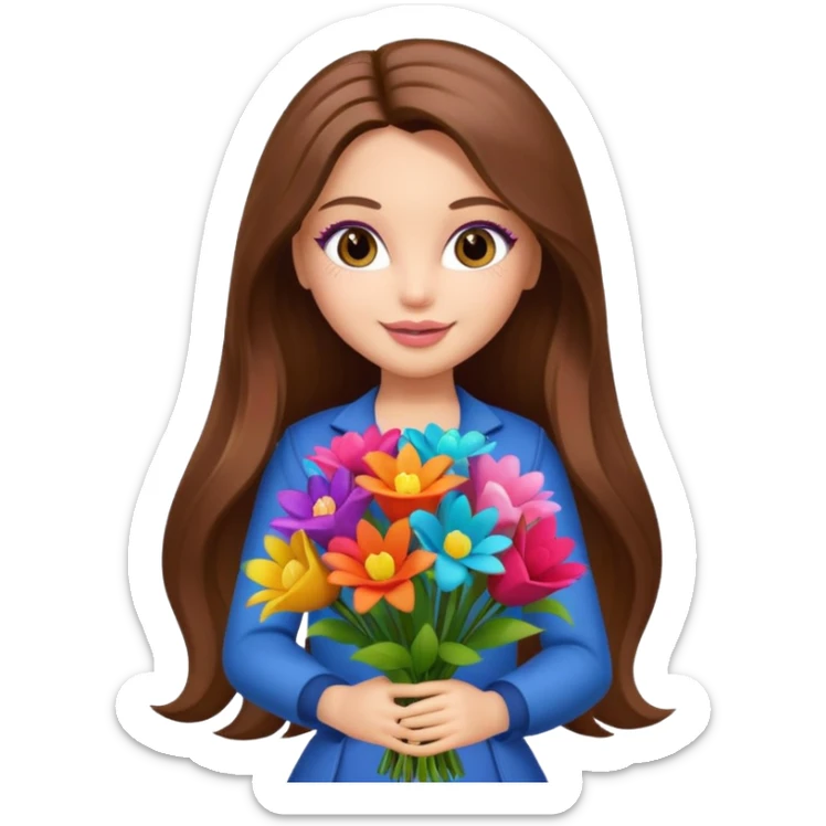  pretty bratz doll, long brown hair holding big bouquet of flowers posing sticker