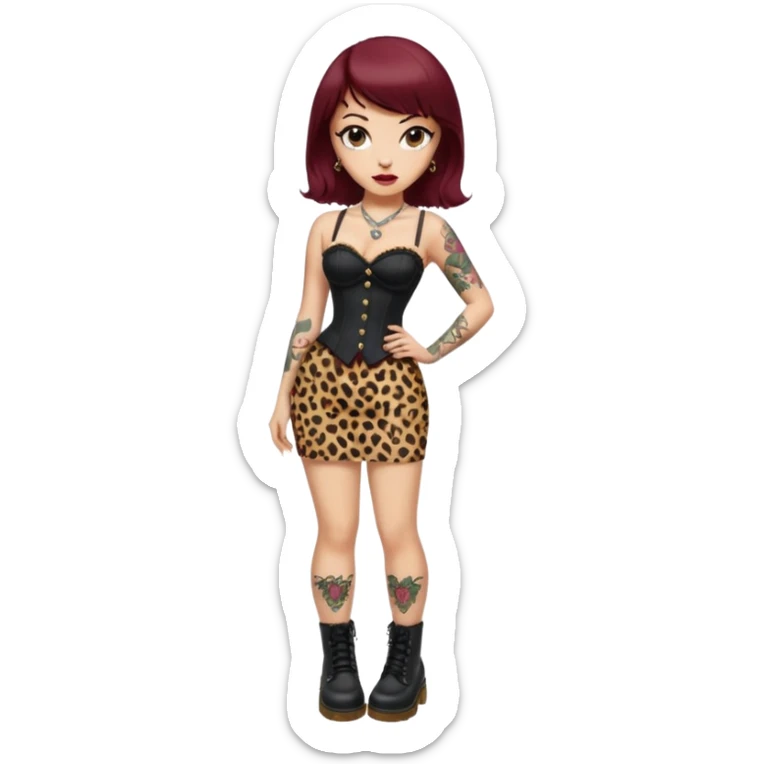 full body emoji, pin-up girl, light skin, big eyes, maroon lips, brown hair with rockabilly bangs and blonde streak, leopard corset, black pencil skirt, Dr. Martens boots, old school tattoos, compact and rounded sticker