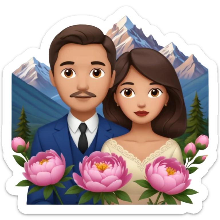 Couple traveling in Montenegro russian man and elegant  Latina girl delicate peonies and mountains in the background  sticker