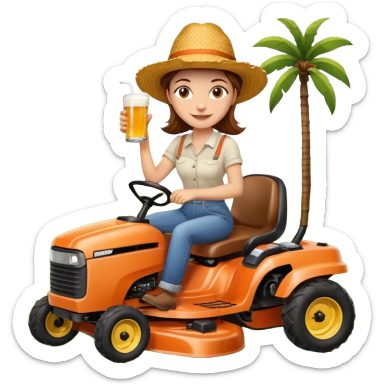 White woman with brown hair, without glasses wearing a straw hat, on old orange ride on lawn mower, holding a beer with one hand and holding the steering wheel with the other hand sticker