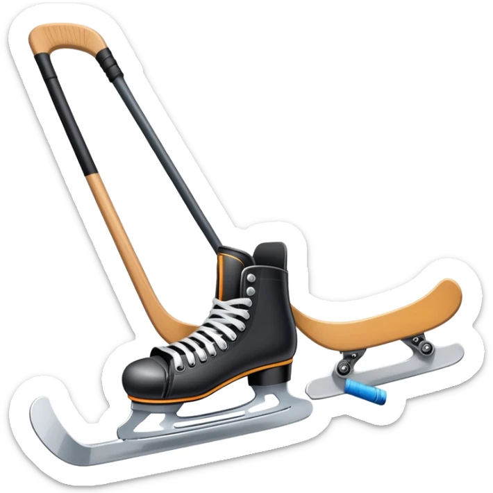Please, make An icon featuring close-up shots of key hockey equipment: a hockey stick, puck, and skates. The background shows a packed stadium with cheering fans, bright arena lights, and an icy rink. Transparent background highlights the essentials of the game and the thrill of the sport. sticker