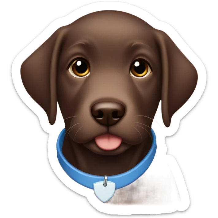 Chocolate labrador puppy with small white fur on chest and cute blue collar sticker