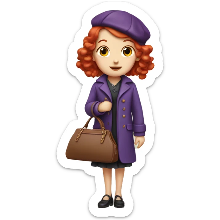 1920s girl with red hair and purple coat holding a purse  sticker