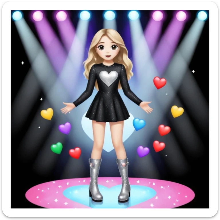 Sabrina carpenter singing at a concert wearing a black sparkly mini dress with silver at the end, with silver sparkly boots with heart cut out on the side. Colorful stage setting  sticker