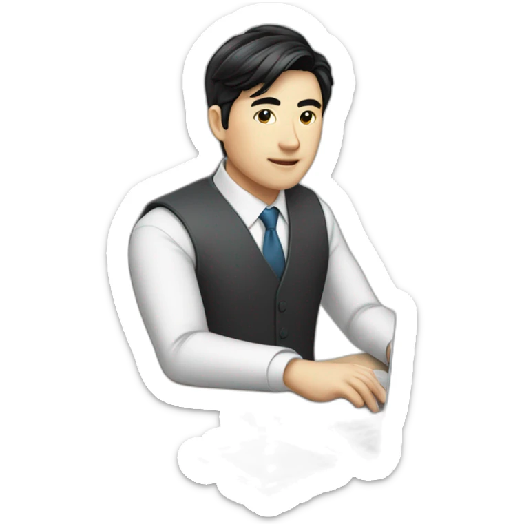Male investment manager in professional clothes, black hair, asian, with a laptop in front of him, Half-length portrait  sticker