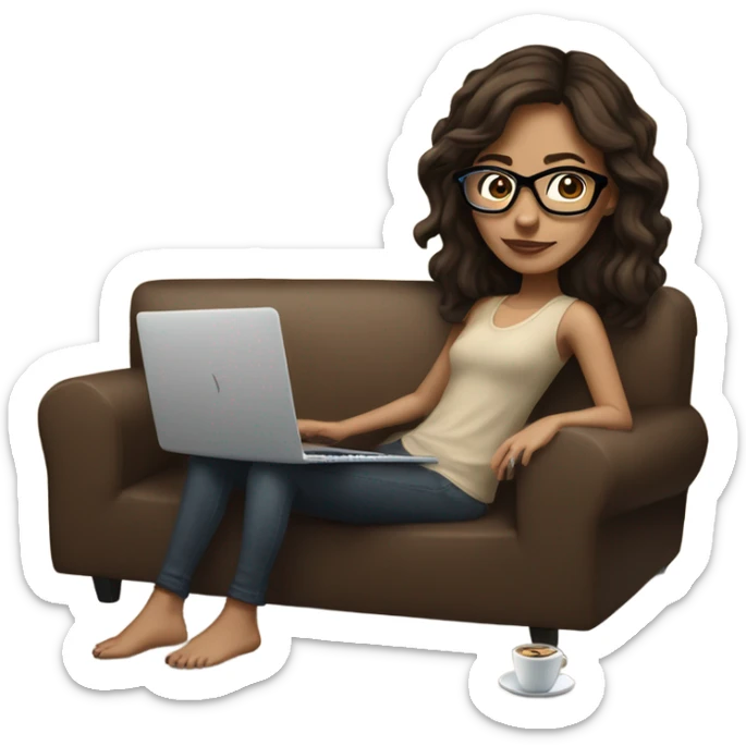 brunette girl laying on a brown couch with cream colored pillows with glasses on and a laptop on small table in front with coffee cup on mouse pad sticker