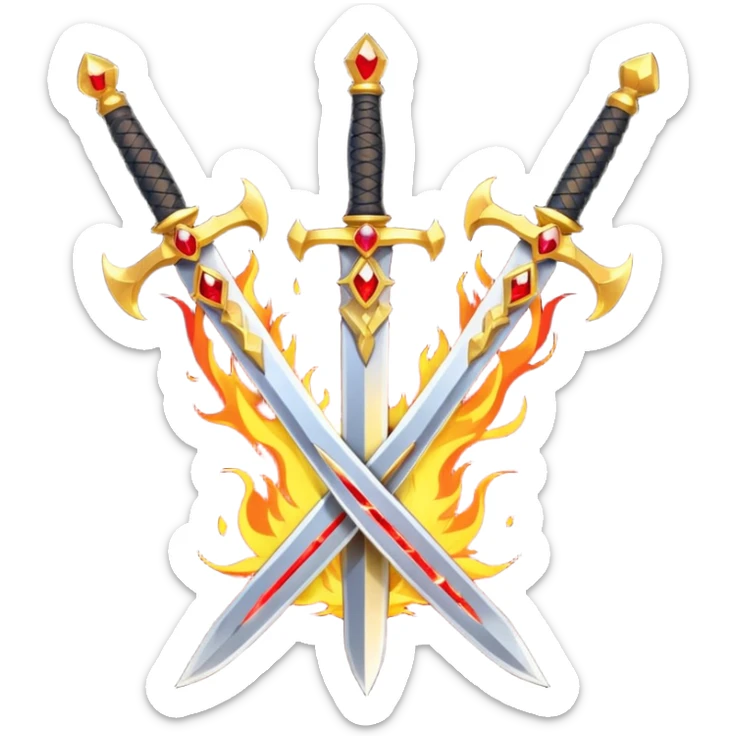 Two crossed swords that are golden in blade and handle and have fiery and royal appearence to them as well as red gem stones yellow in color sticker