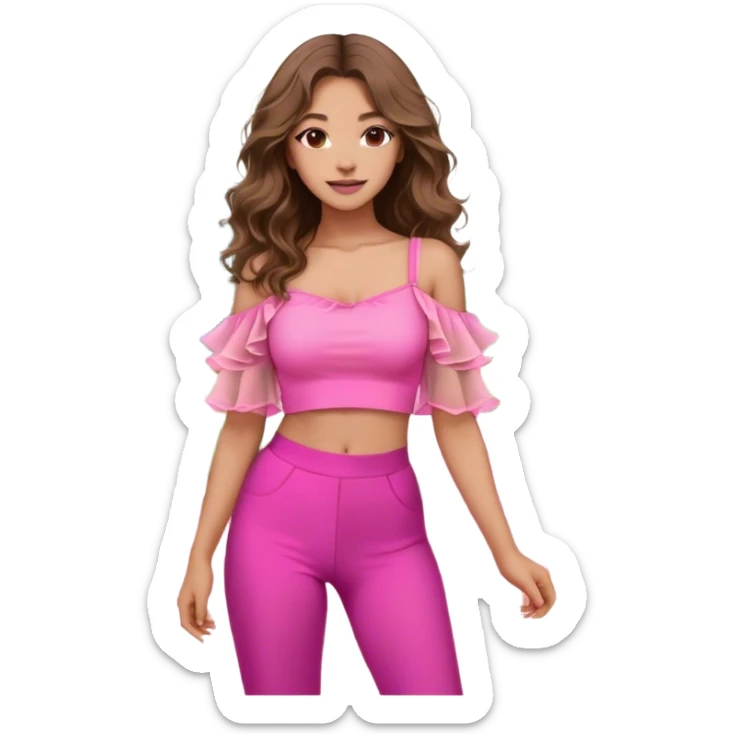 A young woman with long, wavy brown hair standing outdoors on a paved walkway, surrounded by green grass and modern architecture. She is wearing a vibrant pink crop top with dramatic sheer ruffled sleeves and high-waisted beige pants. The sunlight casts a warm glow on her face, and she has a gentle smile with a confident and relaxed posture. The background features a mix of classical and contemporary buildings, with trees adding a natural touch to the setting. sticker