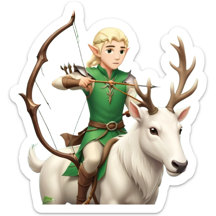 clash-of-clans-aesthetic-blond-male elf-archer-portrait-emoji, rendered in a flat, vector-style with minimal shading and bold holding his bow, simplified shapes, head tilted slightly forward with a determined, focused expression, riding a majestic white stag whose antlers glow with mystical energy, set against an ancient, enchanted forest backdrop. sticker