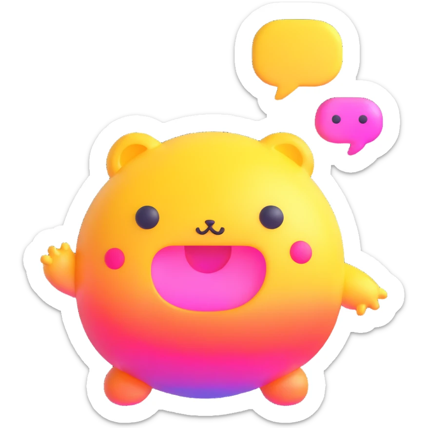 Retro game mascot — like a Tamagotchi-style AI creature, round and colorful with a speech bubble. sticker