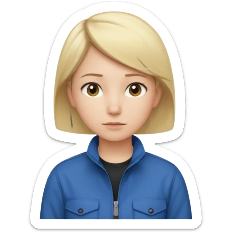 Calm and independent female engineer, fair skin, short straight blonde hair tucked behind the ears, neutral but focused expression, wearing a fitted blue utility jacket over a black crew-neck top, waist-up, front-facing sticker