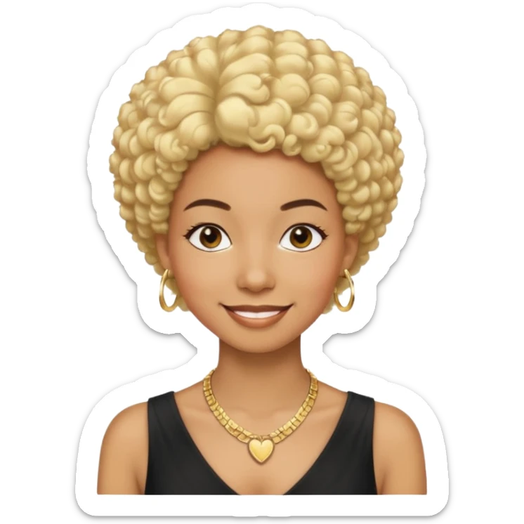 smiling Black woman, short afro hair, blonde hair clip, thin necklace, age 30, event manager style sticker