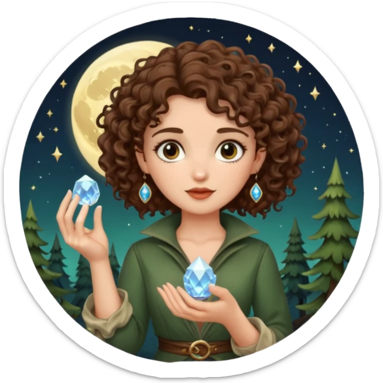 forest rogue woman short tight curly brown hair holding moon crystal sticker
