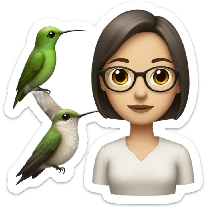 Girl pale , brunette, with short hair, wearing glasses with a hummingbird next to her sticker