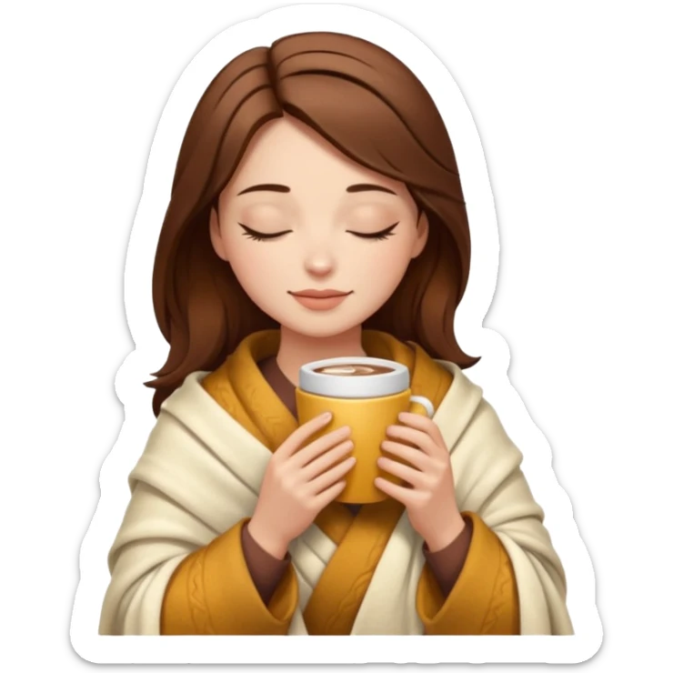 brown hair woman closed eyes with cream blanket on her head, holding cup of coffee, autumn mood sticker