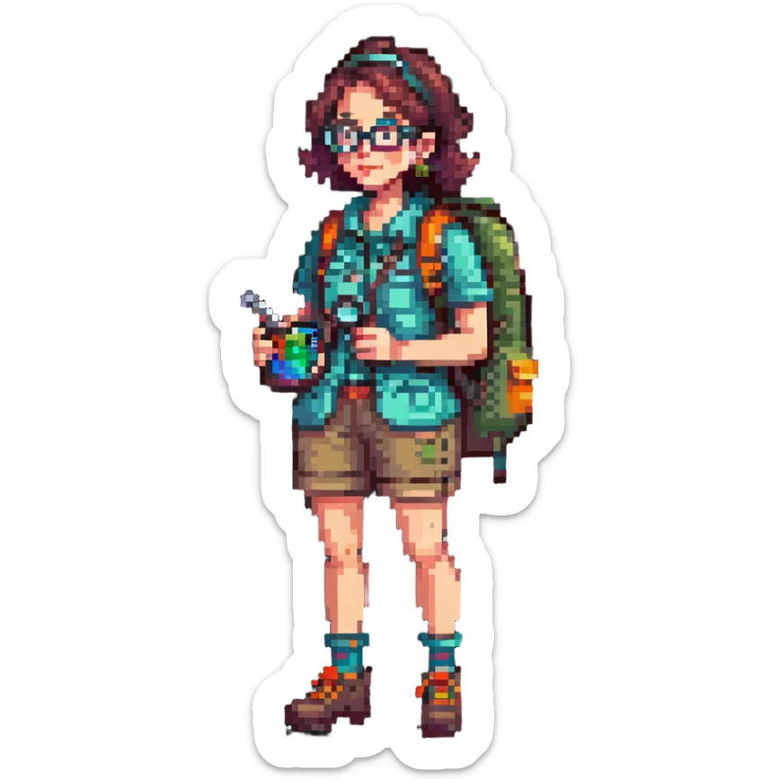 Happy woman explorer in her 40s with glasses, colorful retro hiking outfit, backpack, holding one magnifying glass, detailed pixel art sticker