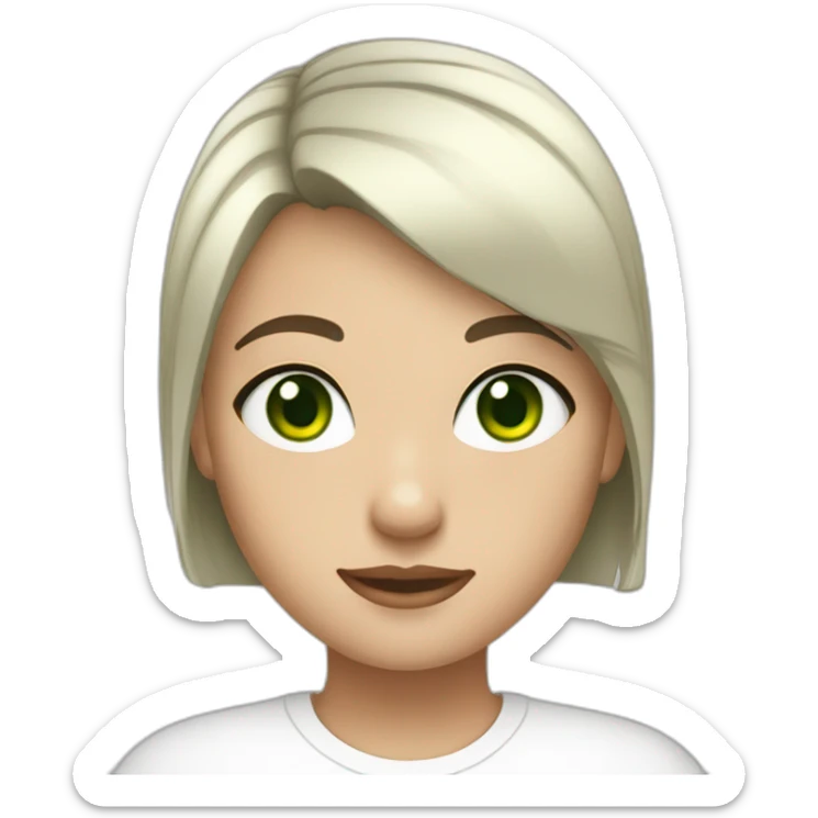 a girl with green eyes, fair skin, black and white hair and a very short haircut, wearing a white T-shirt. sticker