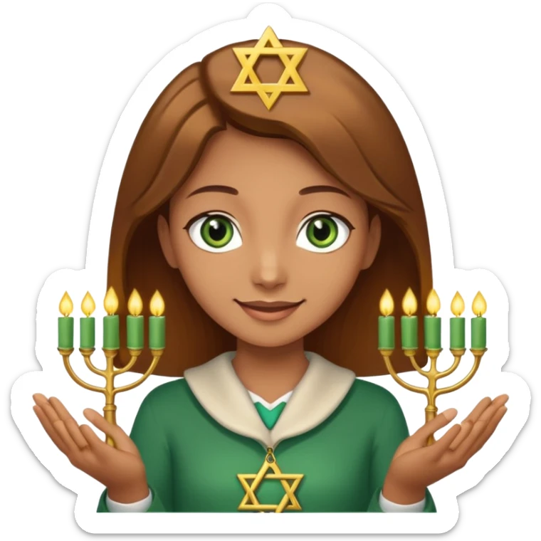 White but tan person with lightish brown hair girl has green eyes and holding the Star of David and a menorah looking at it smiliing sticker