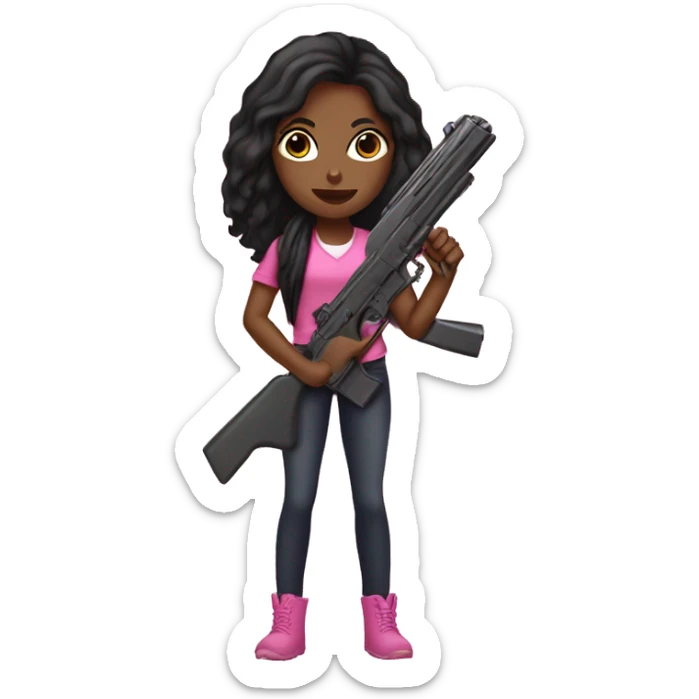 Brown Girl black long hair hand pink nails holding pink gun sticker