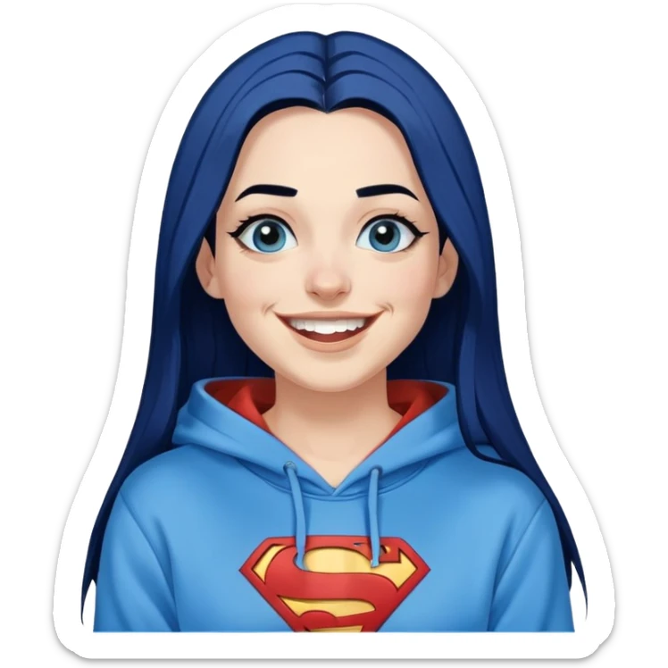 Laughing-30-year-old-adult-long-straight-dark-blue-hair-black-ends-blue-eyes-thick-black-eyeliner-really-thick-really-long-eye-lashes-sky-blue-superman-no-ears-hoodie-sweatshirt-nose-ppiercing  sticker