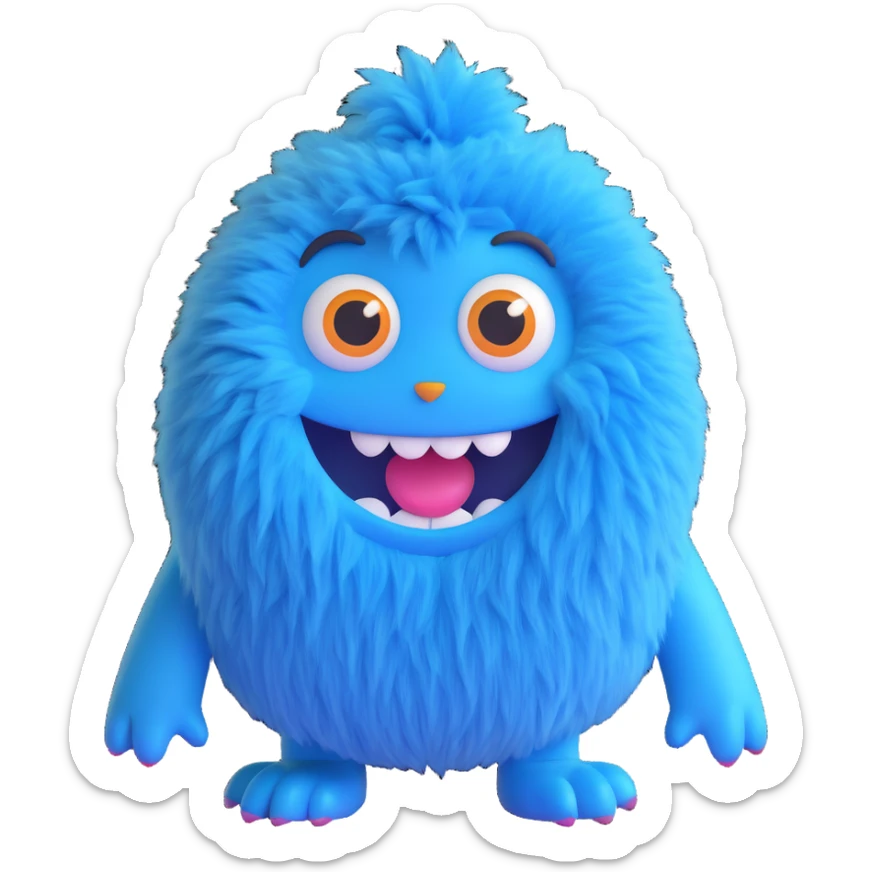 Huggy Wuggy character, blue furry monster with big eyes and wide smile, simple and cute, 3D emoji style sticker