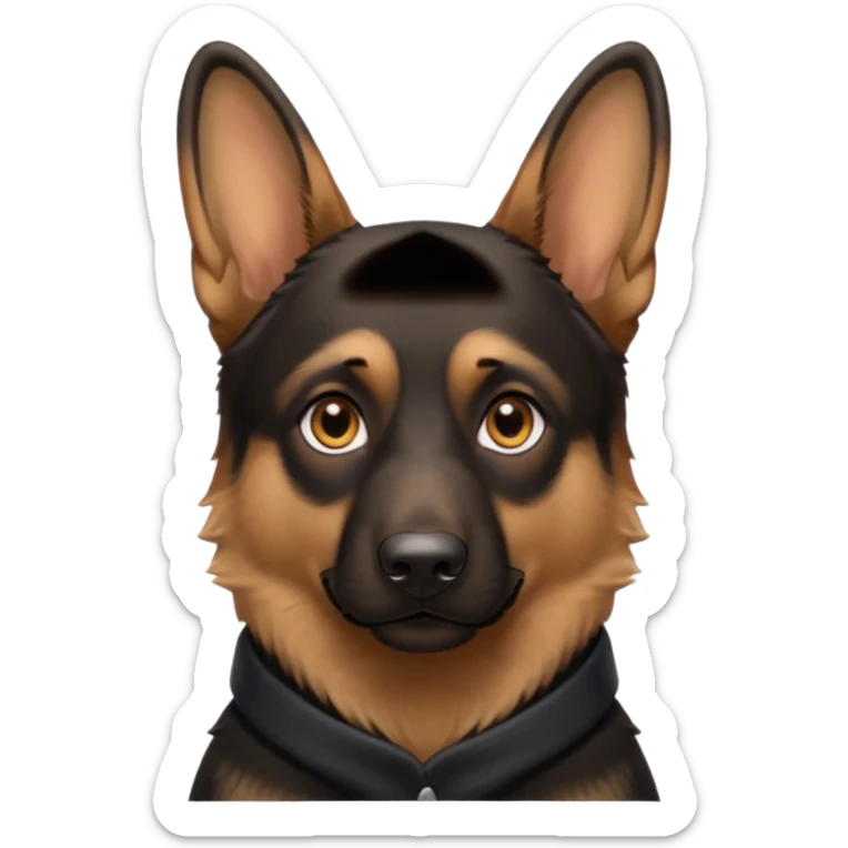 A close-up portrait of a German Shepherd with intense brown eyes and alert ears, against a blurred natural background. High realism, shallow depth of field. sticker