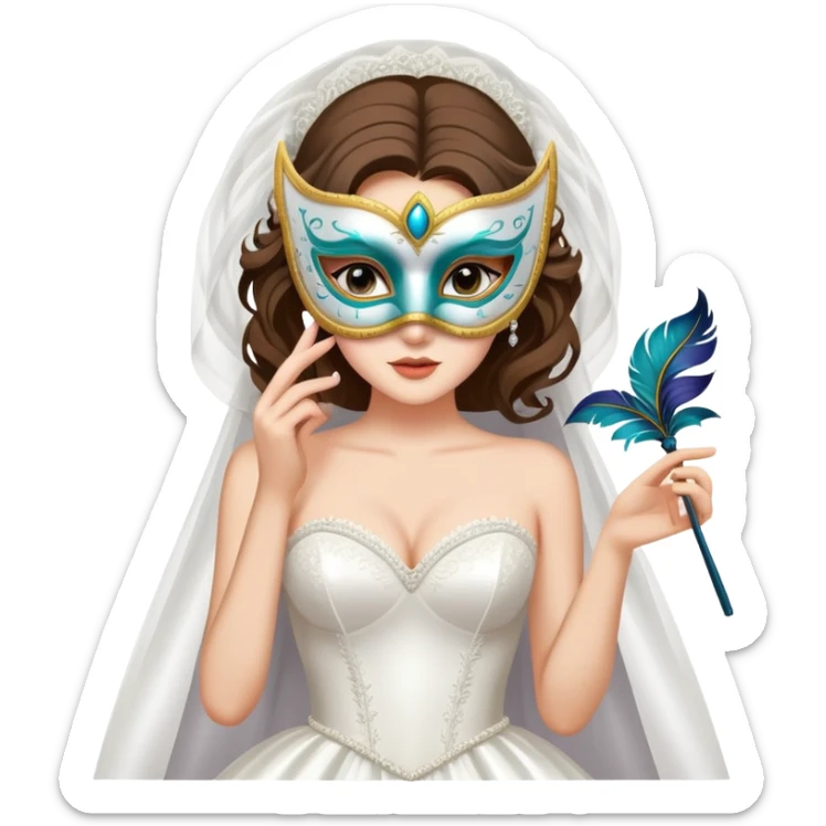 bride in a wedding dress holding a mask behind her back, hinting at a secret, no explicit content sticker
