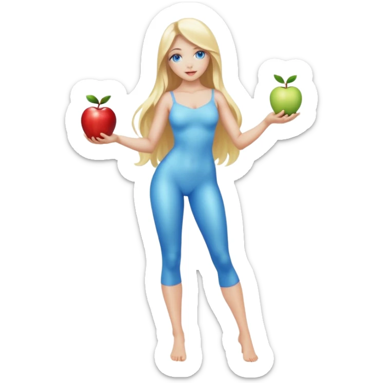 full body woman long blonde hair blue eyes white skin holding glowing apple like forbidden fruit sticker