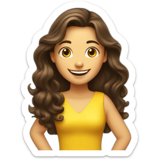 Brunette very happy girl with long wavy hair in the foreground shake her hand for say hi! to someone. She is wearing a yellow dress sticker