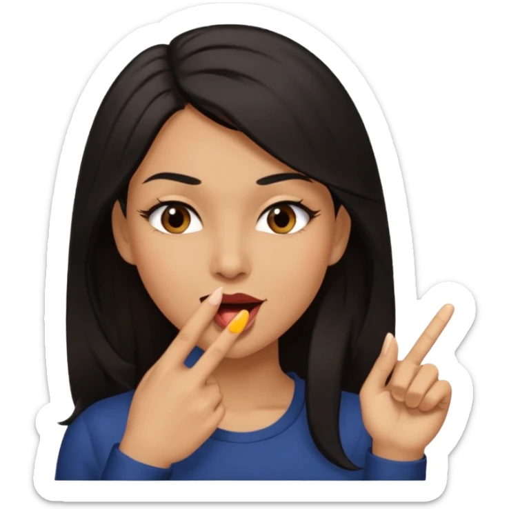 black slighty browin hair light brown skin woman, flirtatious gesture, biting her finger and winking emoji she also has tall hair and brown eyes sticker